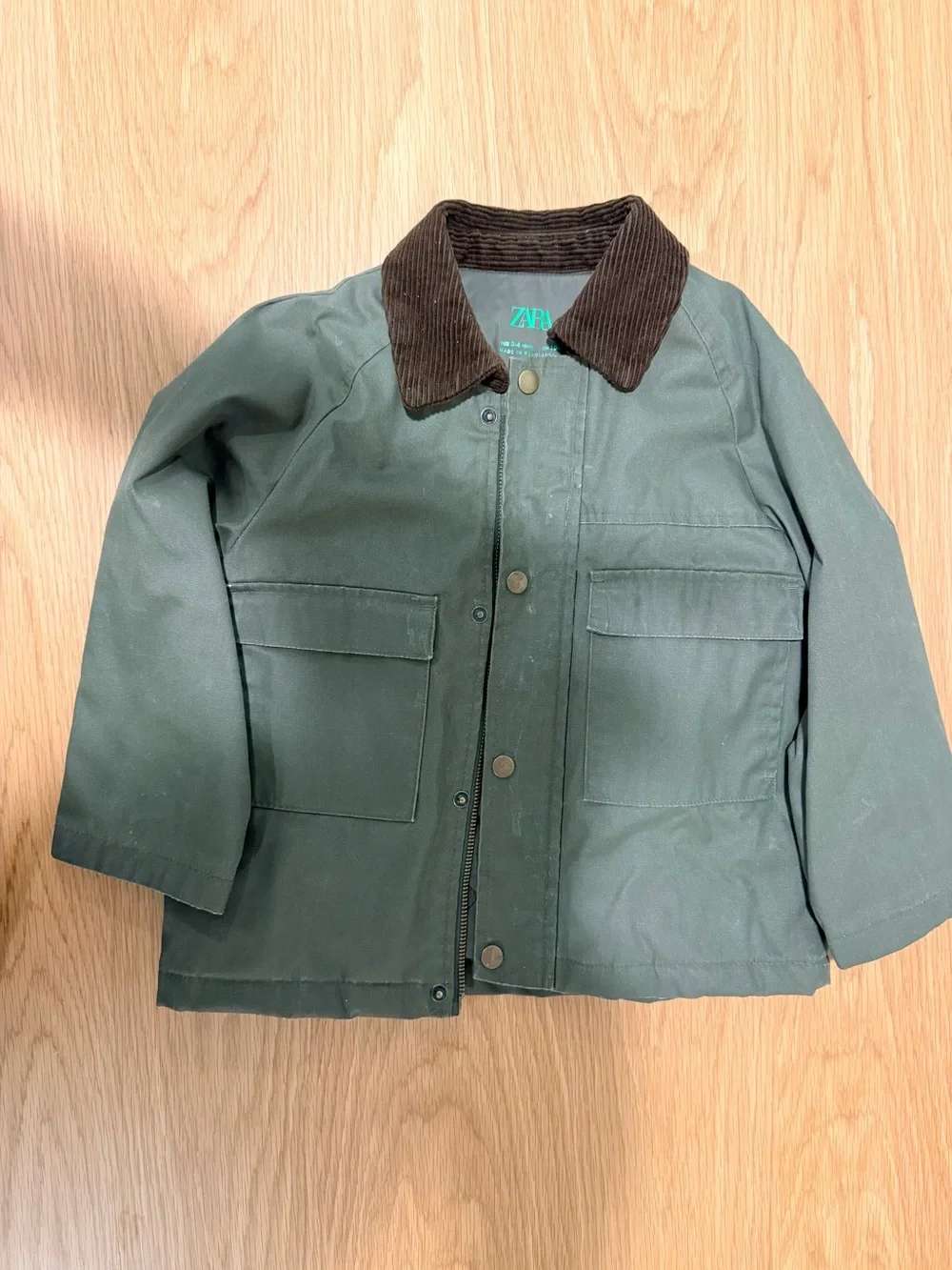 ZARA Kids Olive Green Cotton Jacket with Brown Corduroy Collar